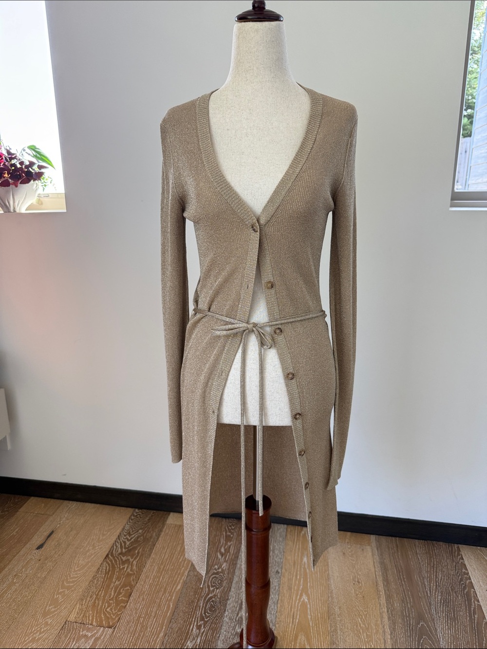 Dolce&Gabbana Beige Long Knit Button Cardigan with Waist Tie